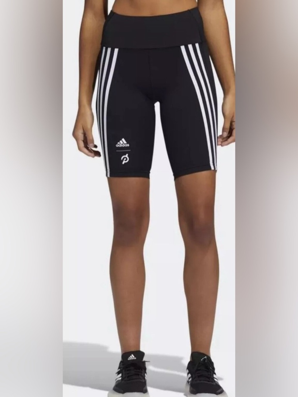 adidas Women’s Black Cycling Shorts with White Stripes Peloton Collab
